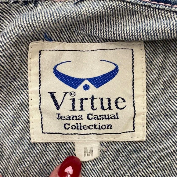 Virtue Jeans Casual Collection Denim Jacket Floral Print Pockets Lined 80s 90s M - Picture 3 of 9